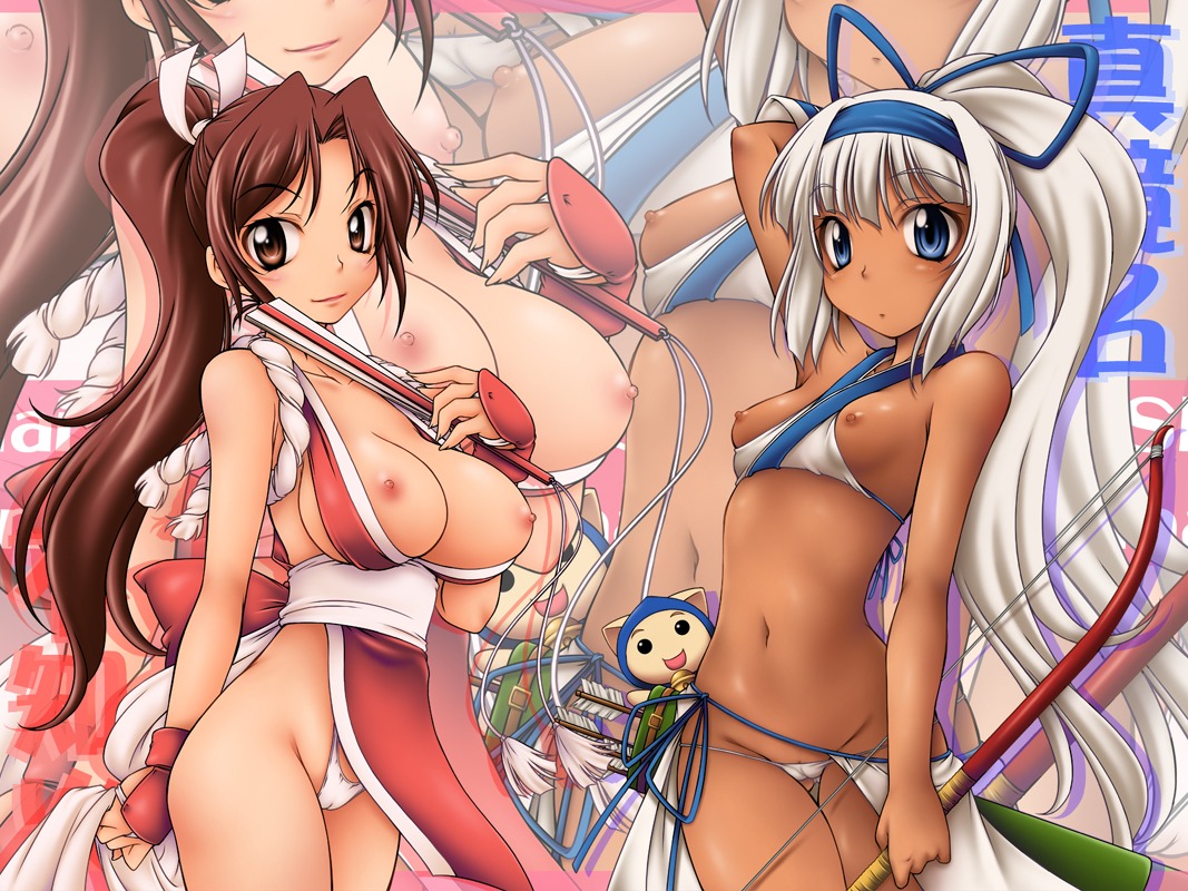 2girls blush bow_(weapon) breasts brown_eyes brown_hair cameltoe crown_brigade dark_skin fatal_fury female fingerless_gloves flat_chest gloves hair_ribbon hairband highleg highleg_panties hips human kenix king_of_fighters large_breasts long_hair lowleg lowleg_panties mai_shiranui majikina_mina multiple_females multiple_girls navel nipples onizuka_takuto panties payot ponytail pussy ribbon rule34 samurai_shodown smile snk thong tied_hair underwear weapon white_hair zoom_layer