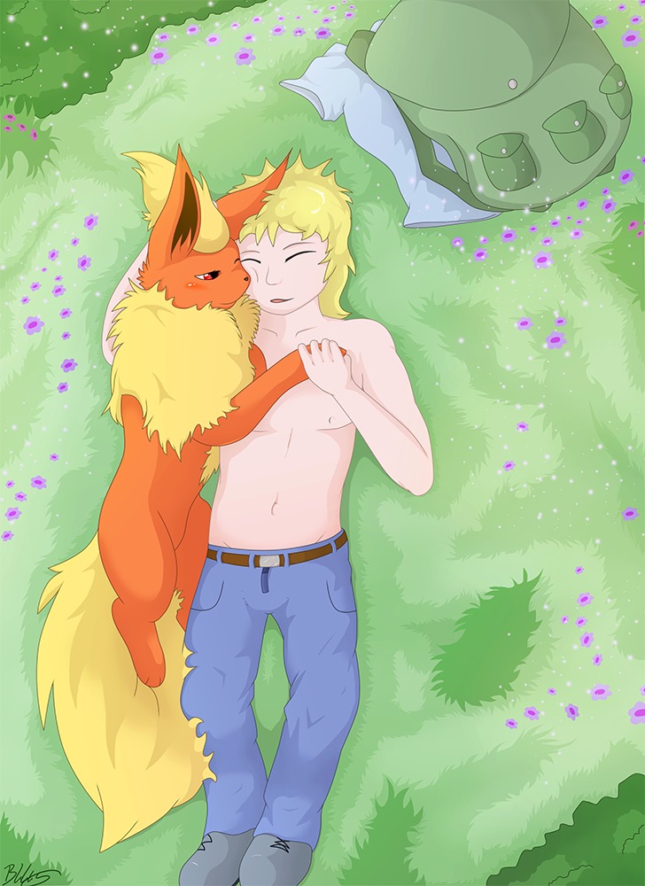 backpack blackfury clothes color eeveelution female feral flareon human human_on_feral interspecies lying male nintendo nude on_back on_side outdoors pokemon pokemon_(species) pokephilia realistic_animal rule34 size_difference tagme topless zoophilia