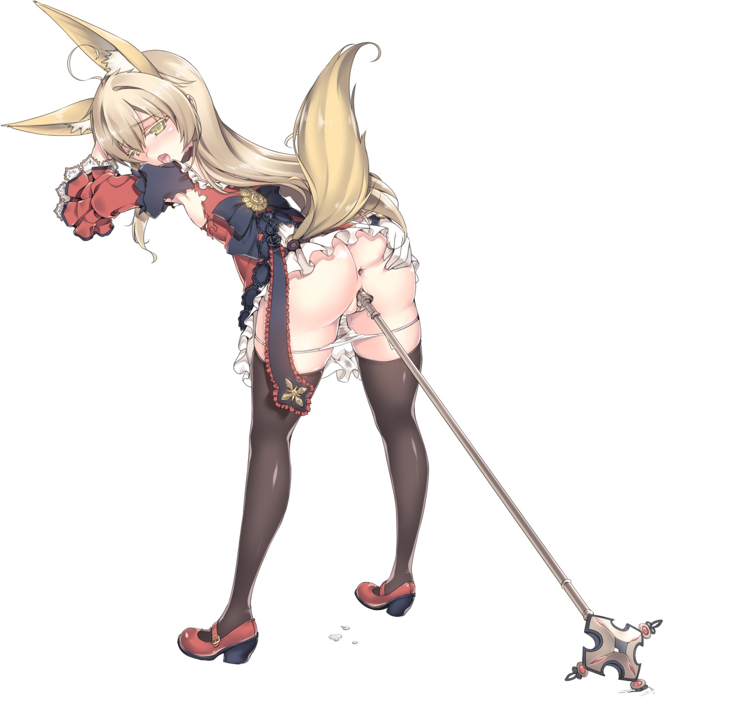 animal_humanoid anus bent_over black_clothing black_legwear blonde_hair blush bodily_fluids butt clothing dress e621 elin female flat_chested footwear genital_fluids genitals gloves hair handwear hi_res high_heels human_and_animal_ears humanoid improvised_sex_toy kuro_(kuronell) leaning legwear long_hair looking_back mammal mary_janes multi_ear open_mouth panties penetration rear_view scepter shoes simple_background smile solo tera_online thigh_highs tongue torn_clothing underwear vaginal vaginal_fluids vaginal_penetration vulva white_background yellow_eyes