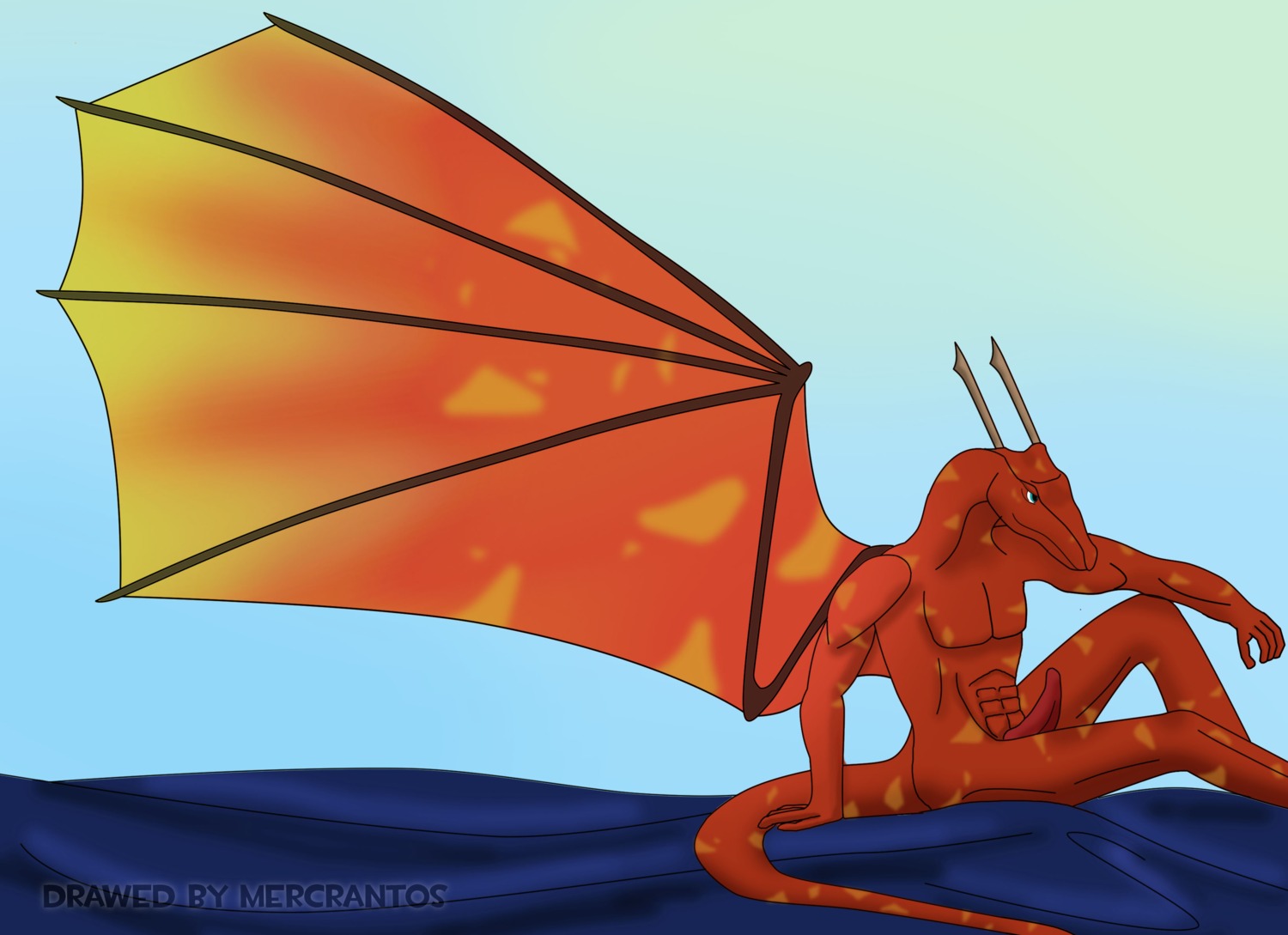 absurd_res anthro blue_eyes dragon e621 erection genitals hi_res male membrane_(anatomy) membranous_wings mercrantos mythological_creature mythological_scalie mythology orange_body penis red_penis scalie solo tail wings