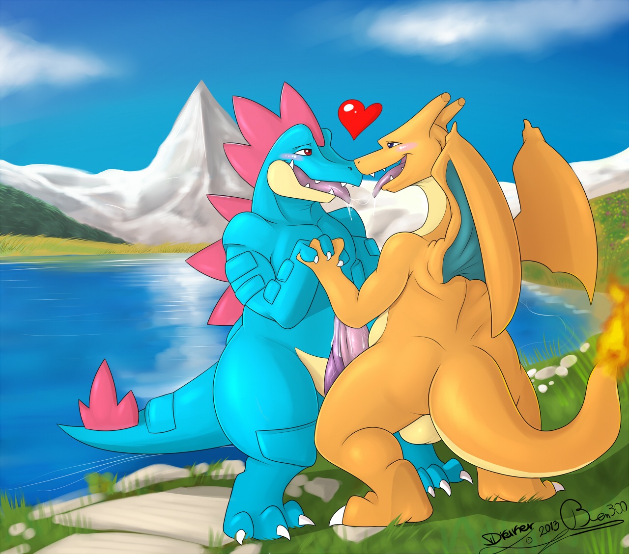 2013 anthro backsack balls ben300 blue_body blush bodily_fluids charizard claws cum detailed_background digital_media_(artwork) dragon dreiker drooling duo e621 erection eye_contact feraligatr fire flaming_tail frottage generation_1_pokemon generation_2_pokemon genital_fluids genitals grass heart_symbol hug interspecies lake looking_at_another love male male/male membrane_(anatomy) membranous_wings mountain mythological_creature mythological_scalie mythology nature nintendo nude orange_body orange_skin outdoor_nudity outside penile penis penises_touching plant pokemon pokemon_(species) precum reptile saliva scalie sex sky standing tail toe_claws tongue tongue_out water wings