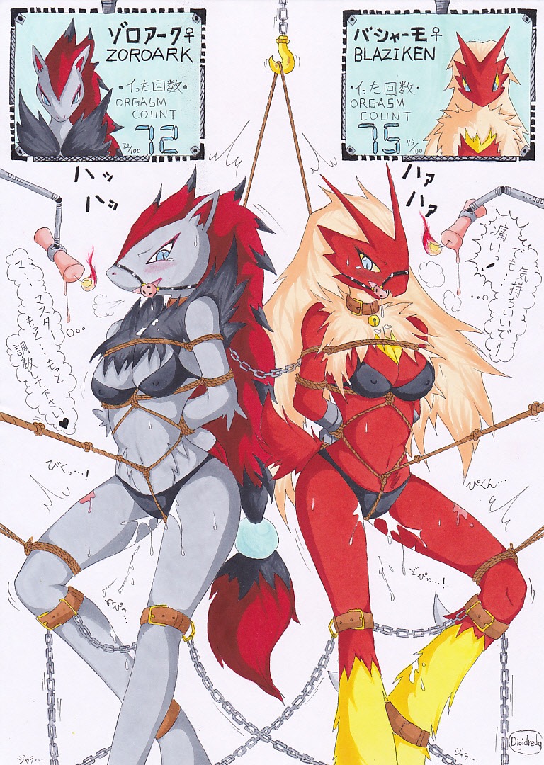 anthro avian ball_gag bdsm bird blaziken blue_eyes blush bodily_fluids bondage bound bra breasts candle canid canine chain clothed clothing cobondage collar competition digidredg duo e621 english_text female fur gag gagged generation_3_pokemon generation_5_pokemon genital_fluids grey_body grey_fur hair japanese japanese_text long_hair mammal navel nintendo non-mammal_breasts orgasm panties pokemon pokemon_(species) red_hair rope sexual_competition simple_background text translation_request underwear vaginal_fluids wax wax_play white_background zoroark
