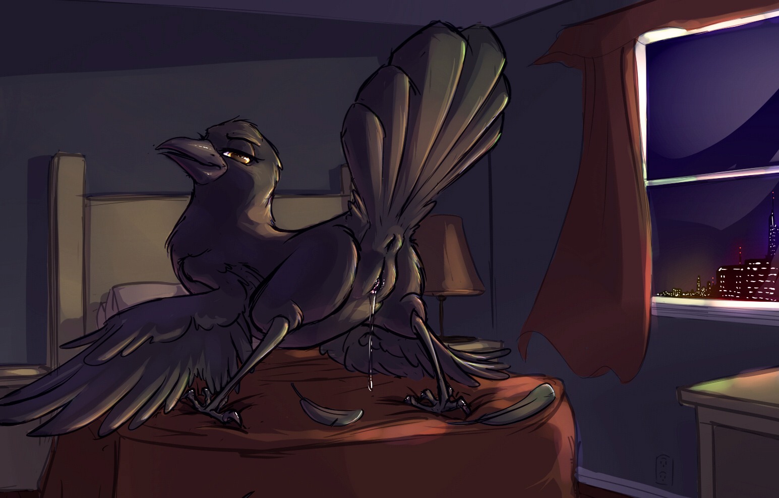 anus ass_up avian avian_butt avian_feet bed bird bodily_fluids brown_eyes butt carrot_(artist) corvid corvus_(genus) detailed_background digital_media_(artwork) e621 female female_feral feral furniture genital_fluids genitals looking_at_viewer looking_back looking_back_at_viewer nude oscine passerine presenting presenting_hindquarters presenting_vulva raven solo vaginal_fluids vulva window