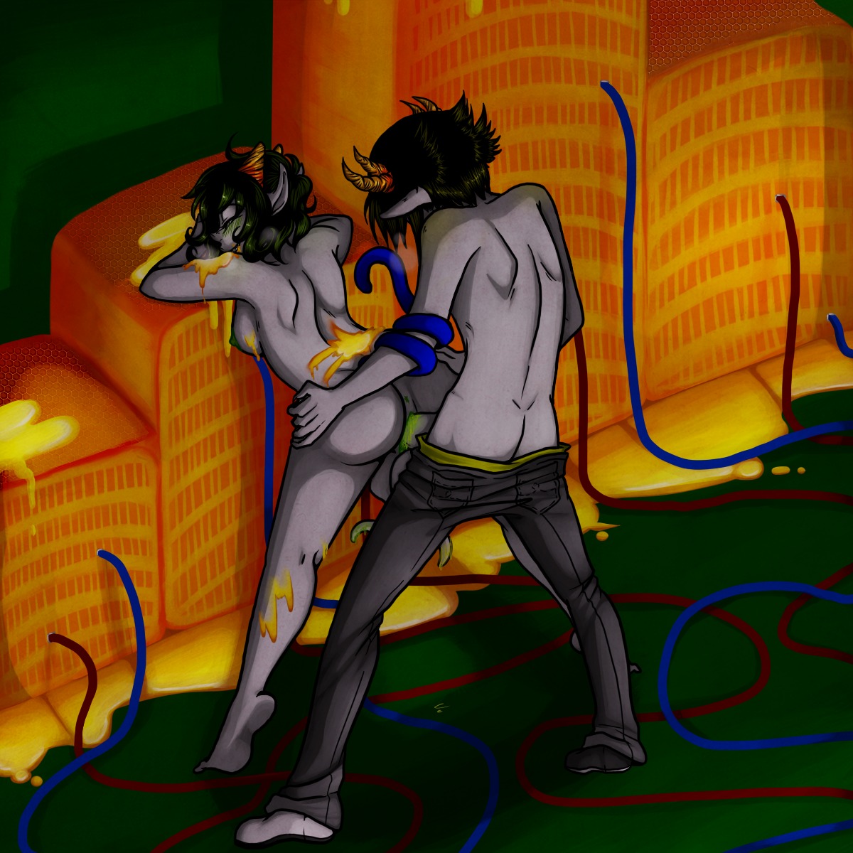 1:1 2012 alien alien_humanoid animal_humanoid back_groove bare_back bent_over bottomwear bottomwear_down breasts clothed clothing duo e621 felid felid_humanoid female food from_behind_position hand_on_butt hanging_breasts hi_res homestuck honey_(food) horn horned_humanoid humanoid male male/female mammal mammal_humanoid ms_paint_adventures nepeta_leijon nipples nude pants pants_down partially_clothed prehensile_tail sex shoulder_blades sollux_captor standing tail topless troll_(homestuck) unknown_artist