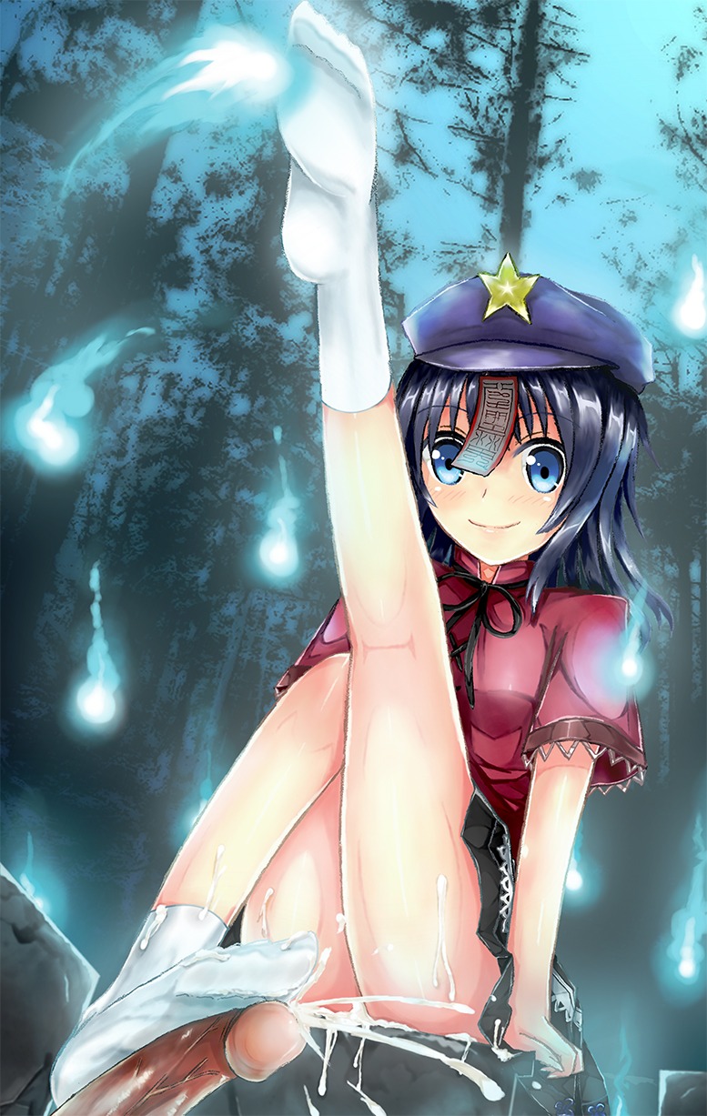 90i bare_legs blue_eyes cum feet female footjob footwear geung_si hat highres hitodama jiangshi leg_lift male ofuda penis purple_hair rule34 sitting skirt smile socks solo star touhou tree uncensored white_legwear yoshika_miyako