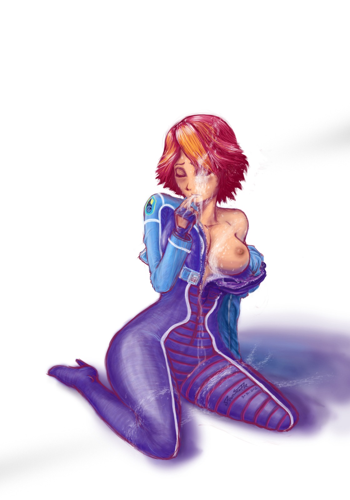 blush breasts clothes color female female_only front_view human joanna_dark nipples perfect_dark perfect_dark_zero rule34 sitting solo southpawper tagme