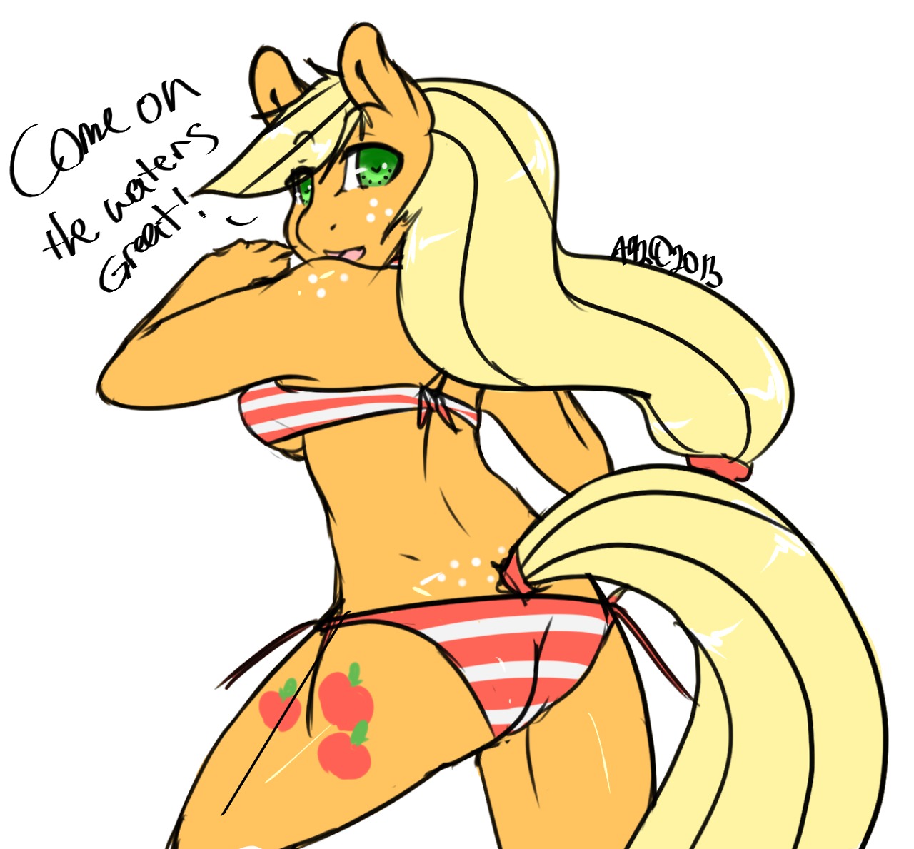 2013 anthro anthrofied applejack_(mlp) avante92 bikini biped blonde_hair clothed clothing cutie_mark dialogue e621 earth_pony english_text equid equine female freckles friendship_is_magic green_eyes hair hasbro horse looking_at_viewer looking_back mammal my_little_pony pony simple_background skimpy solo standing swimwear tail text tight_clothing two-piece_swimsuit white_background