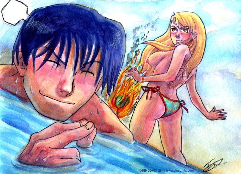 2011 ambiguous_nudity angry bikini blue_hair blush closed_eyes clothes color comedy day female fire fullmetal_alchemist funny hand-drawn human male open_eyes outdoors public_topless riza_hawkeye roy_mustang rule34 sincomix tagme tattoo topless topless_female water wet