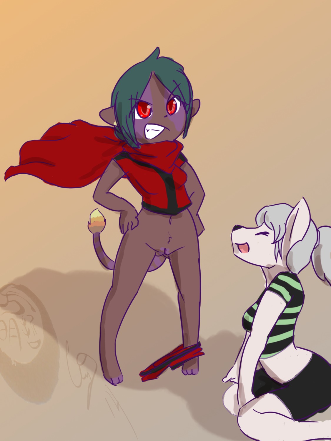 3:4 anthro barefoot belly bottomless breasts cainethelongshot canid canine cape casual_exposure clothed clothing duo e621 feet female female/female fox fur genitals hair hi_res jaunty kneeling mammal markings mustelid navel panties pose red_body red_eyes red_fur sena shindorei shirt sketch smile standing topwear underwear vulva