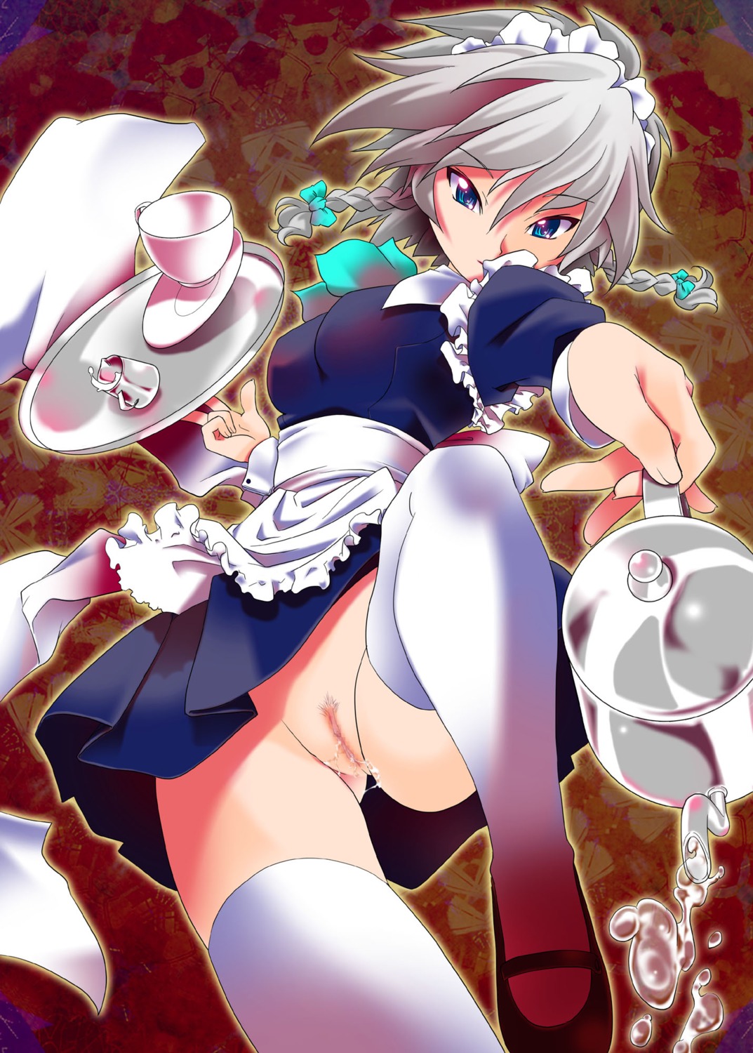 1girls 2010 2d bad_source blue_eyes blush braid censored female female_only fingernails grey_hair highres kanoe light-skinned_female light_skin looking_at_viewer maid maid_headdress mary_janes mosaic_censoring platter pubic_hair pussy pussy_juice sakuya_izayoi short_gray_hair short_hair silver_hair solo straight_hair teacup team_shanghai_alice teapot thighhighs touhou twin_braids vagina vulva white_thighhighs