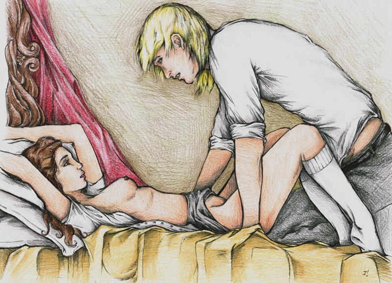 1boy 1girls bed bedroom bedsheets blonde_hair breasts breasts_out brown_eyes brown_hair brunette clothed clothing draco_malfoy female footwear gryffindor harry_potter hermione_granger imminent_sex indoors legs light-skinned_female light-skinned_male light_skin lipstick long_hair looking_at_another lying lying_down lying_on_back male nipples odella open_clothes open_shirt parted_lips pillow pink_lipstick rule34 skirt_up sleeves_rolled_up slytherin socks straight teeth white_shirt white_socks witch_(harry_potter)