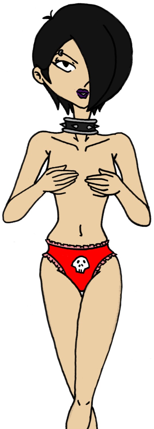 1girls aeifs black_hair carrie_roseburg collar female goth hand_drawn monster_madness mostly_nude naked_panties panties panties_only rule34 solo solo_female spiked_collar tagme white_background