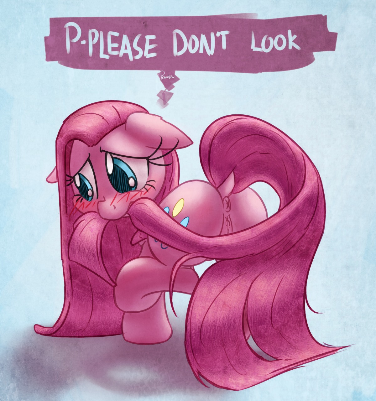 anus big_butt bite blue_eyes blush butt chromaskunk clitoris covering covering_self cutie_mark dialogue e621 earth_pony english_text equid equine eyelashes female feral friendship_is_magic fur genitals hair hasbro hi_res horse leadhooves looking_away mammal my_little_pony pink_body pink_fur pink_hair pinkamena_(mlp) pinkie_pie_(mlp) pony presenting presenting_hindquarters raised_leg raised_tail seductive shy solo straight_hair tail tail_bite tail_fetish tail_in_mouth tail_play text vulva