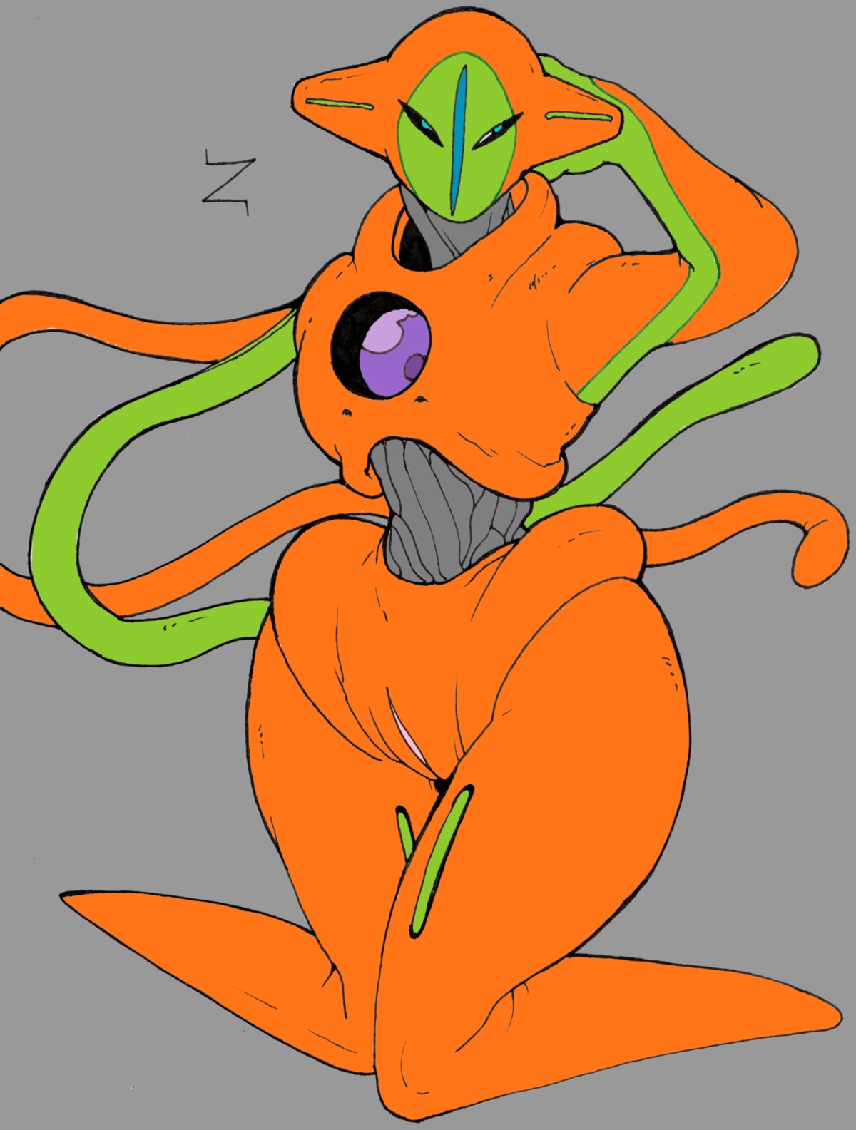 anthro color deoxys female female_only front_view grey_background kneeling nudity pokemon pokemon_(species) rule34 solo zabraxas