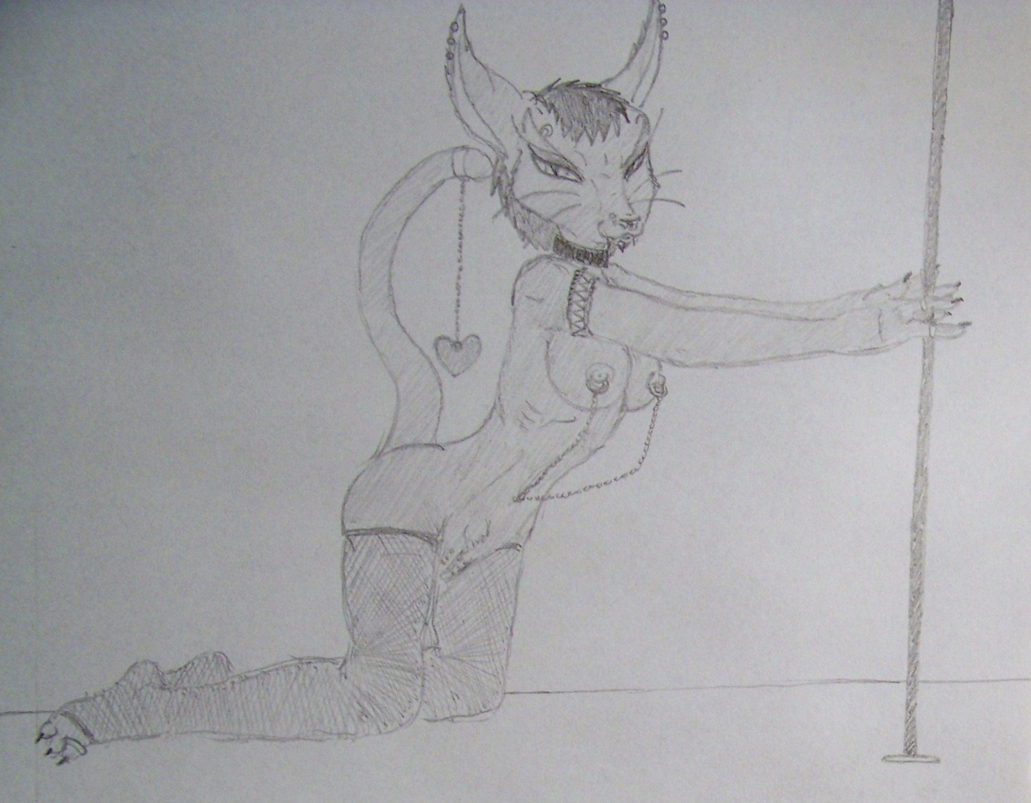 3_toes 4_fingers anthro black_hair breasts chain claws clothing collar e621 ear_piercing facial_piercing fangs feet felid female fingers fishnet_clothing genitals gimmeyourallmoney! hair heart_symbol hi_res legwear looking_at_viewer mammal nipple_piercing nipples nose_piercing nude piercing pole pubes ring sketch solo stockings stripper_pole tail teeth toes vulva