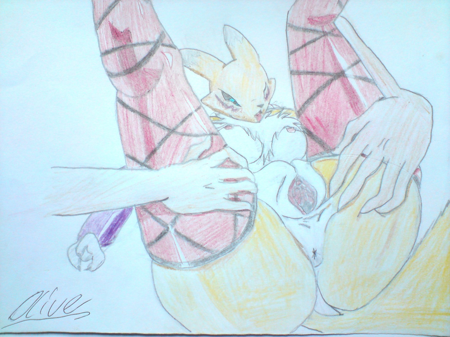 4:3 anthro bandai_namco black_sclera breasts canid canine digimon digimon_(species) e621 female fur genitals hi_res mammal renamon solo tail unknown_artist vulva white_body white_fur yellow_body yellow_fur