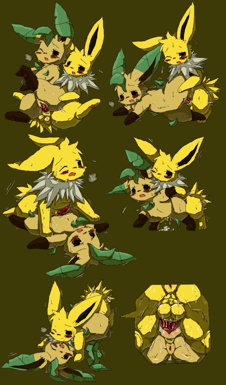 all_fours balls blush bodily_fluids brown_body brown_eyes brown_fur cum cum_in_vagina cum_inside doggystyle duo e621 eeveelution erection female female_on_top female_penetrated feral feral_on_feral from_behind_position from_front_position fur generation_1_pokemon generation_4_pokemon genital_fluids genitals green_background hi_res jolteon leaf leafeon lying male male/female male_on_bottom male_penetrating male_penetrating_female missionary_position multiple_positions nintendo nude on_back on_bottom on_side on_top one_eye_closed open_mouth penetration penile penile_penetration penis penis_in_vagina pokemon pokemon_(species) red_penis reverse_cowgirl_position sex simple_background sweat vaginal vaginal_penetration wahitouppe yellow_body yellow_fur