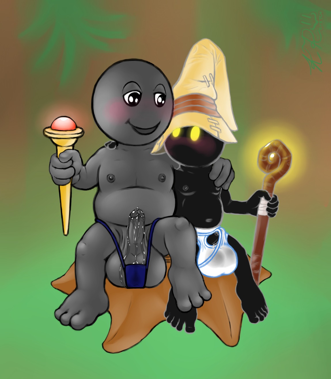 3_fingers 3_toes 5_toes balls barefoot big_eyes black_balls black_mage black_nipples black_penis black_skin blushing bulge erection excessive_precum final_fantasy final_fantasy_ix front_view gigantic_balls gigantic_testicles glowing_eyes hand_on_shoulder hat humanoid_feet hyper_balls ket-ralus looking_at_partner magic male male_only multiple_males penis precum precum_drip rule34 sitting slightly_chubby small_penis smile staff stump tenting testicles thong trunk underwear vivi_ornitier yaoi yellow_eyes