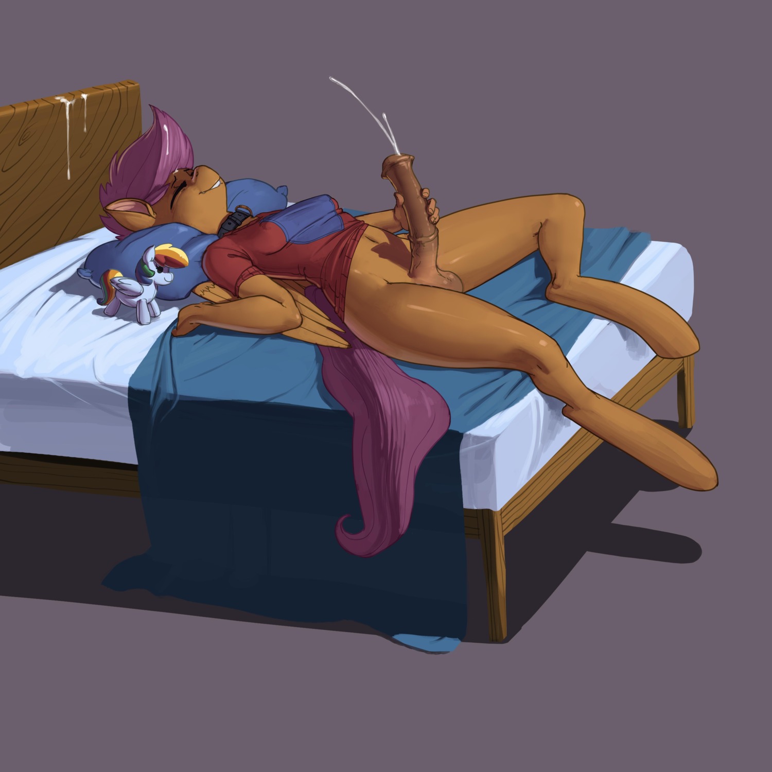 1:1 2013 5_fingers absurd_res anatomically_correct anatomically_correct_genitalia anatomically_correct_penis animal_genitalia animal_penis anthro anthrofied balls barefoot bed bed_sheet bedding biped blue_body blue_feathers bodily_fluids bottomless breasts brown_body brown_fur brown_penis clothed clothing collar cum cum_in_hair cum_on_self cumshot digital_media_(artwork) e621 ejaculation equid equine equine_genitalia equine_legs equine_penis erection eyes_closed feathered_wings feathers feet fingers friendship_is_magic full-length_portrait fur furniture genital_fluids genitals glistening grey_background gynomorph hair happy hasbro hi_res hooves intersex kevinsano long_legs looking_pleasured lying mammal masturbation my_little_pony mythological_creature mythological_equine mythology navel nipples on_back orange_body orange_feathers orange_fur orgasm paws pegasus penile penile_masturbation penis pillow plushie portrait purple_hair purple_tail rainbow_dash_(mlp) scootaloo_(mlp) shirt short_hair side_view simple_background small_flare smile solo spread_legs spreading tail topwear wide_hips wings wood
