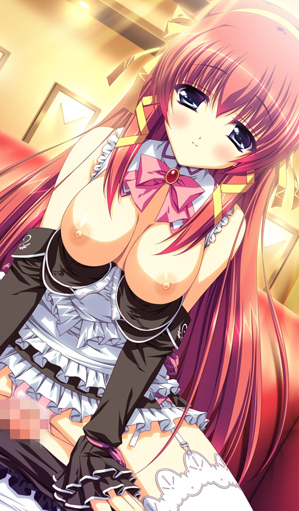 amakawa_akito blue_eyes blush breasts censored cowgirl_position cure_mate_club female fujisawa_ayane game_cg grinding hairband hinata_mutsuki kanna_(plum) large_breasts maid male nipples official_art outercourse panties penis red_hair rubbing rule34 smile underwear very_long_hair
