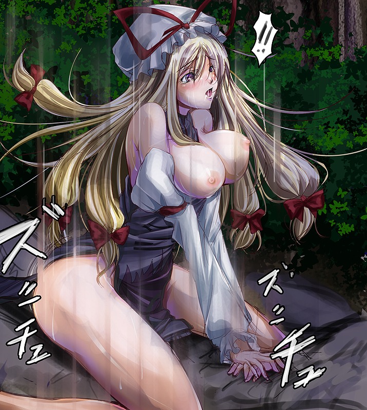 ajishio blonde_hair blush bounce bouncing_breasts breasts dress female femdom large_breasts legs long_hair long_legs open_dress open_mouth purple_eyes rule34 sex solo_focus sweat thighhighs thighs touhou yukari_yakumo