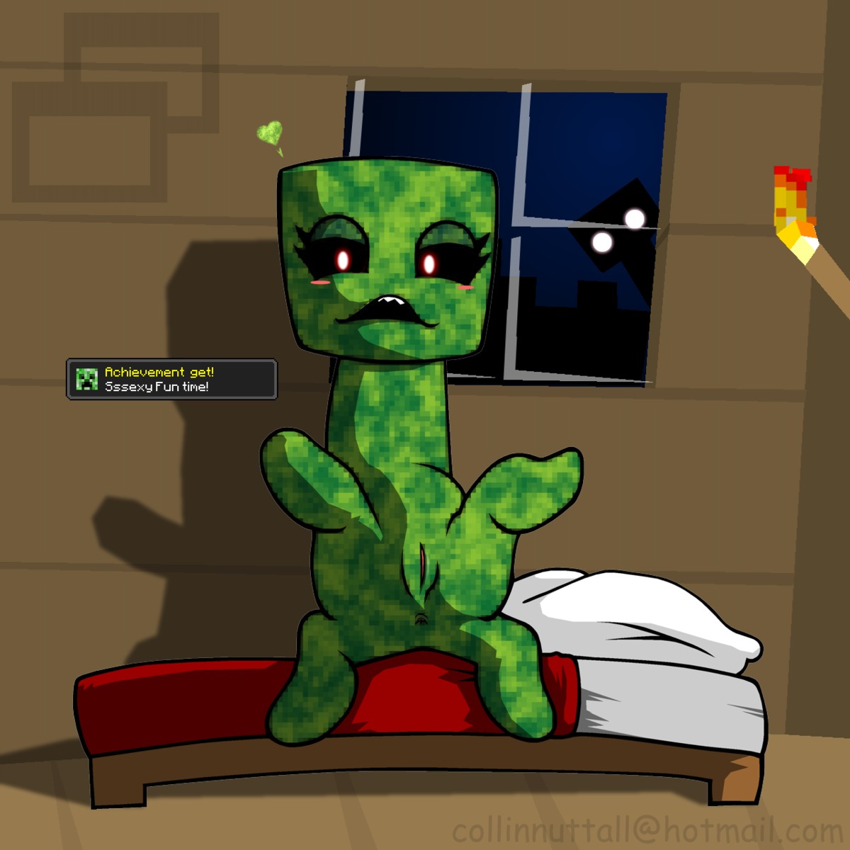 1:1 anus armless bed blush creeper_(minecraft) digital_media_(artwork) duo e621 enderman eyelashes female furniture genitals green_body heart_symbol hi_res humanoid inside looking_at_another looking_at_viewer microsoft minecraft mojang night not_furry open_mouth peeping presenting presenting_vulva slushy solo_focus spread_legs spreading square_(anatomy) square_head teeth text torch url vulva window xbox_game_studios