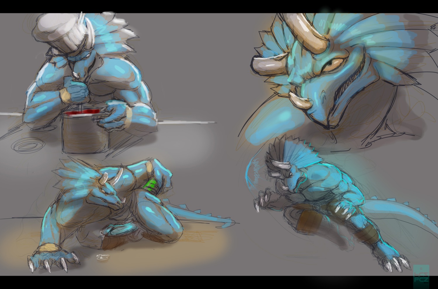 2013 abs absurd_res anal anal_masturbation anal_penetration anthro athletic balls bandage belt biceps big_muscles big_penis biped blue_body blue_eyes blue_penis blue_skin bodily_fluids bone_frill bottomwear ceratopsian ceratopsid chasmosaurine claws clothed clothing cooking dildo dinosaur e621 erection extreme_dinosaurs fangs frill_(anatomy) genital_fluids genitals grin hat headgear headwear hi_res horn kneeling leaking male marginocephalian masturbation muscular muscular_anthro muscular_male nude ornithischian pcz pecs penetration penis pose precum prehistoric_species presenting reptile scales scalie sex_toy shorts smile solo spike_(extreme_dinosaurs) standing tail teeth topless toying_self triceratops