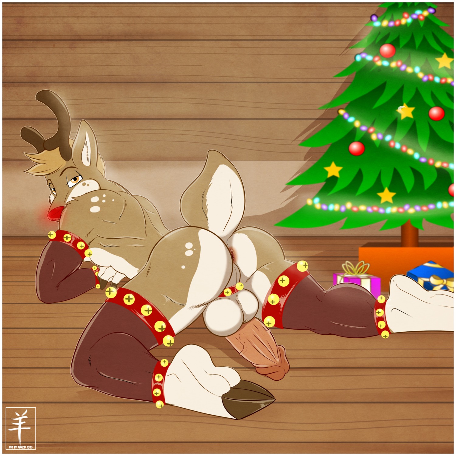 1:1 2013 aaron_(artist) accessory anthro antlers anus backsack balls barefoot bell biceps big_balls big_penis biped border brown_body brown_fur butt christmas christmas_tree clothed clothing cloven_hooves cock_ring deer digital_media_(artwork) e621 erection feet fur genitals gift glowing glowing_nose half-erect hi_res holidays hooves horn humanoid_genitalia humanoid_penis inside jewelry kneeling looking_at_viewer looking_back lying male mammal muscular muscular_anthro muscular_male new_world_deer nude on_front orange_eyes pecs penis penis_accessory penis_backwards penis_jewelry perineum pink_anus pink_penis plant pose presenting presenting_anus presenting_hindquarters red_nose reindeer ribbons rudolph_the_red-nosed_reindeer solo star tan_balls tan_body tan_fur tan_perineum testicle_cuff topless tree vein veiny_penis white_body white_border white_fur yellow_eyes
