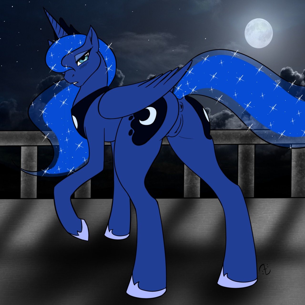 1:1 all_fours anus blue_body blue_eyes blue_feathers blue_fur blush butt cloud cosmic_hair cutie_mark digital_media_(artwork) dragonofdarkness13 e621 equid equine ethereal_hair feathered_wings feathers female feral friendship_is_magic fur genitals hair hasbro hi_res horn looking_at_viewer looking_back mammal mixed_media moon my_little_pony mythological_creature mythological_equine mythology night outside photo_background photography_(artwork) presenting princess_luna_(mlp) pseudo_hair railing raised_leg raised_tail sky solo standing star starry_sky tail translucent translucent_hair vulva winged_unicorn wings