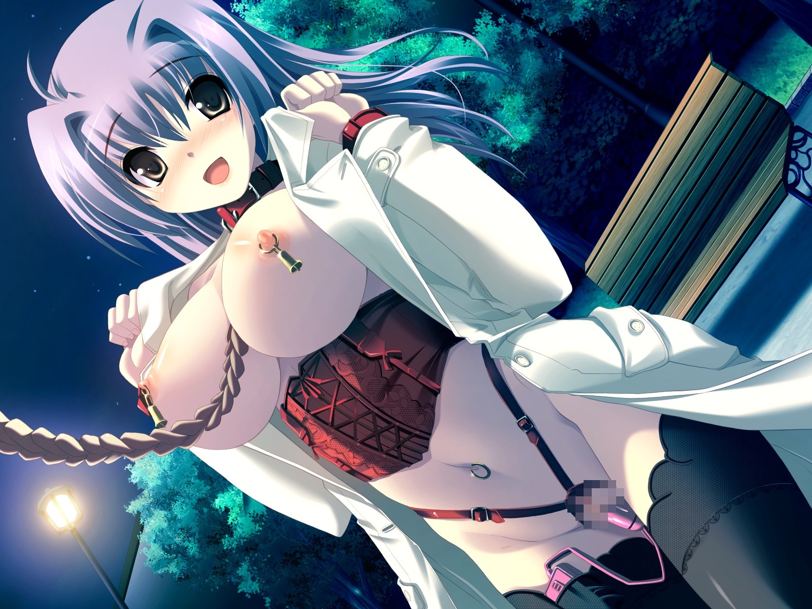 areolae bell bells bench bitch_taken_for_walk black_legwear blush bondage breasts censored collar corset erect_nipples female femsub game_cg harukazedori_ni_tomarigi_wo jpeg_artifacts leash navel_piercing night nipple_bells nipple_piercing nipples object_piercing outdoors park piercing public purple_hair pussy rule34 smile thighhighs tsurugi_hagane vibrator vibrator_in_thighhighs