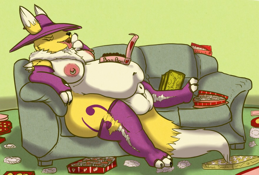 animal_genitalia anthro balls bandai_namco belly big_belly breasts candy canid canine chocolate clothing dessert digimon digimon_(species) dipstick_tail e621 eating eyes_closed food fully_sheathed fur furniture genitals gynomorph hat headgear headwear intersex mammal markings nipples obese obese_anthro obese_gynomorph obese_intersex overweight overweight_anthro overweight_gynomorph overweight_intersex piercing renamon ring sheath sofa solo strikeanywhere stuffing tail tail_markings torn_clothing white_body white_fur yellow_body yellow_fur