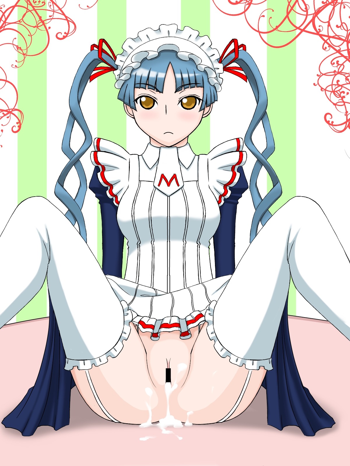 after_sex censored cum cum_inside female highres kagibane maid maria_holic no_panties rule34 shinouji_matsurika solo spread_legs thighhighs tied_hair twintails