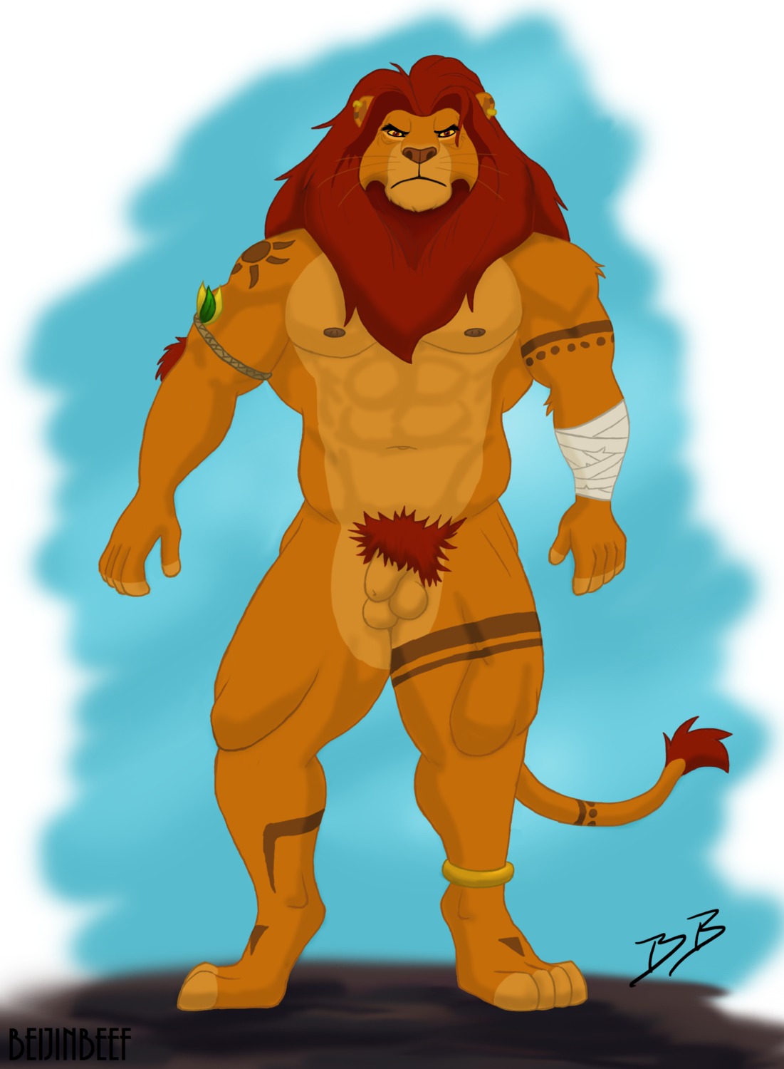 abs animal_genitalia anthro anthrofied balls biceps bracelet casual_nudity digitigrade disney e621 ear_piercing felid flaccid genitals hi_res jewelry lion male mammal mane mature_anthro mature_male monotone_mane mufasa muscular muscular_anthro muscular_male navel nude pantherine pecs penis piercing pubes quads red_mane sheath solo tail tarolyon tattoo the_lion_king tribal warrior