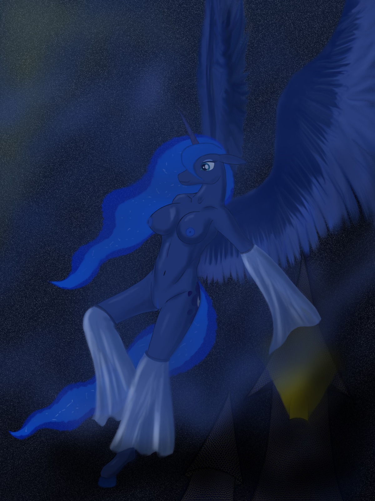 3:4 absurd_res anthro anthrofied big_breasts blue_body blue_feathers breasts cutie_mark e621 english_text equid equine feathered_wings feathers female friendship_is_magic genitals hasbro hi_res horn mammal my_little_pony mythological_creature mythological_equine mythology paradoxnow princess_luna_(mlp) solo tail text vulva winged_unicorn wings