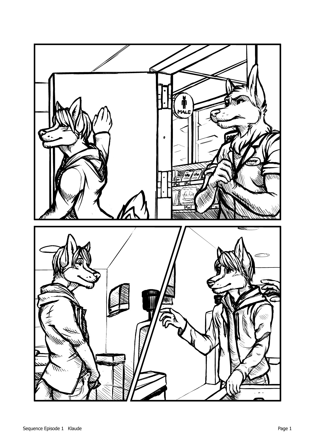 2012 bathroom bodily_fluids canid canine canis comic domestic_dog e621 english_text forced gas_station genital_fluids hi_res husky klaude male mammal monochrome nordic_sled_dog peeing public_restroom rape sequence_(klaude) sex spitz text urinal urine wolf