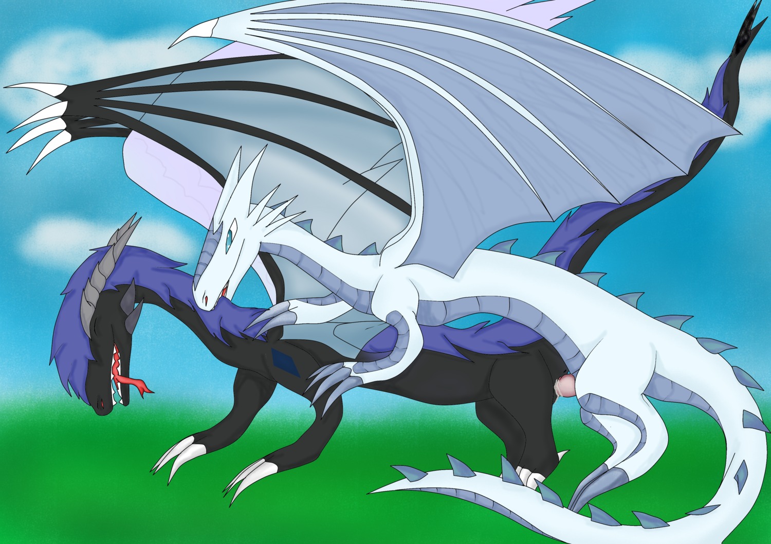 absurd_res arkandrion bat_wings bite biting_another biting_partner bodily_fluids cum dragon duo e621 erection eyes_closed female feral fur genital_fluids genitals hair hi_res male male/female membrane_(anatomy) membranous_wings mythological_creature mythological_scalie mythology neck_bite nude outside penis purple_body purple_fur purple_hair scalie scruff_bite shelli shelli_icedragondemon tail tongue tongue_out wings