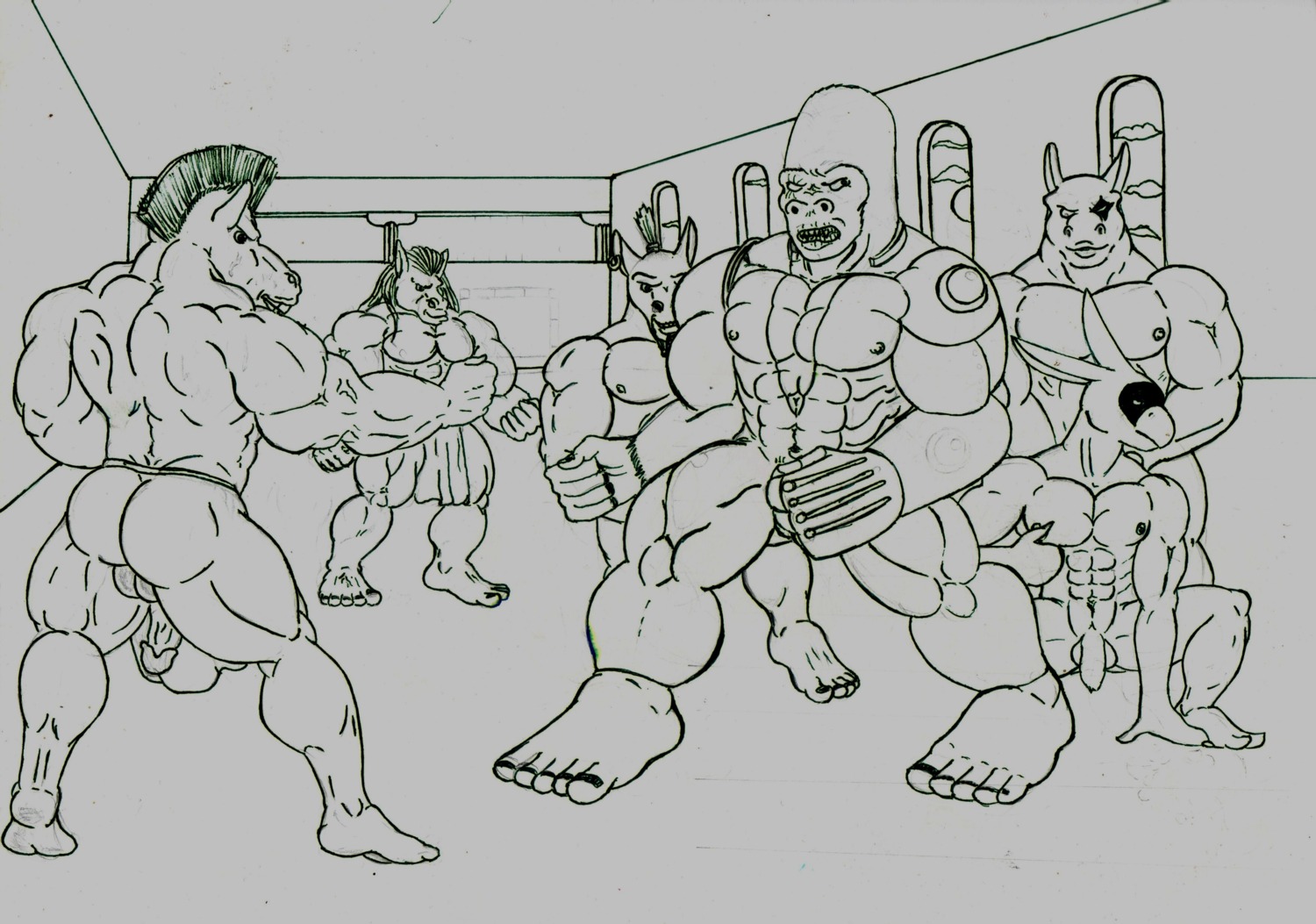 abs absurd_res anthro ape backsack balls butt circumcised e621 equid equine extinctioners flaccid foreskin genitals gorilla group half-erect haplorhine hi_res horse humanoid_genitalia humanoid_penis imminent_rape imminent_sex male male/male mammal muscular penis primate source_request unknown_artist