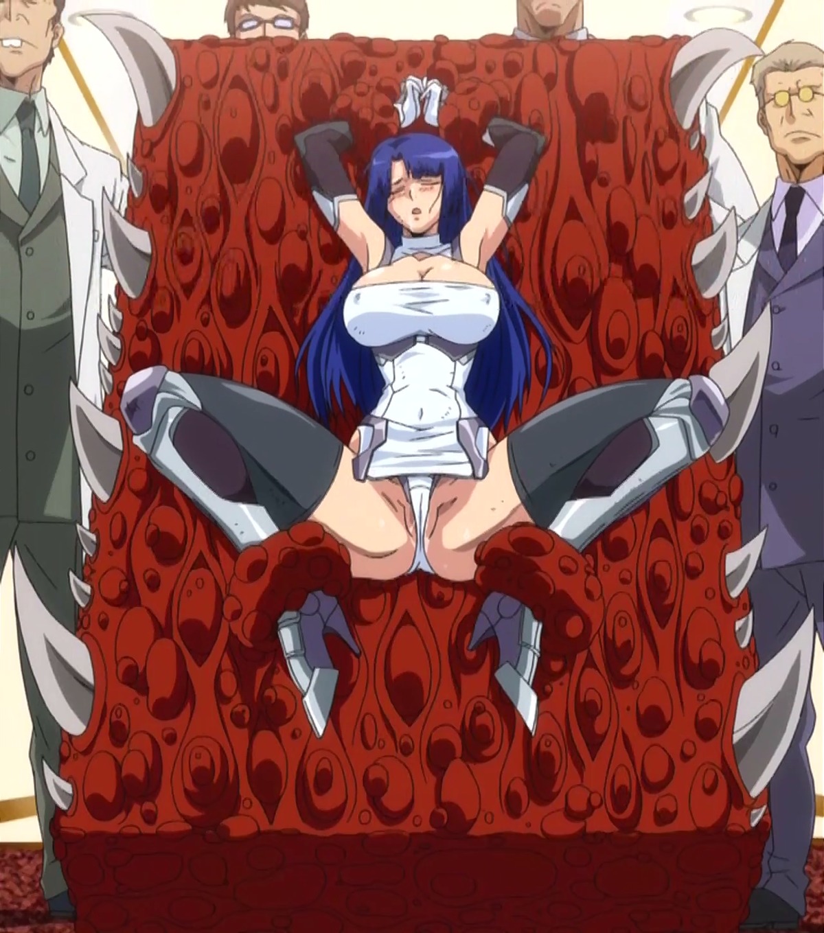 blue_hair breasts buck_teeth fangs female glasses highres large_breasts long_hair makai_kishi_ingrid male multiple_males necktie restrained rule34 scientist taimanin_asagi tie yatsu_murasaki