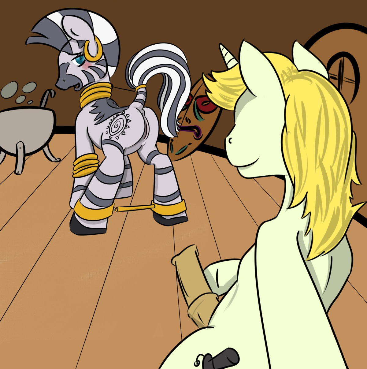2012 animal_genitalia animal_penis anus blush cutie_mark denton duo e621 ear_piercing equid equine equine_genitalia equine_penis erection fan_character female feral friendship_is_magic genitals hasbro hi_res horn male mammal my_little_pony mythological_creature mythological_equine mythology penis piercing presenting raised_tail restraints spread_legs spreader_bar spreading stripes tail unicorn vulva zebra zecora_(mlp)