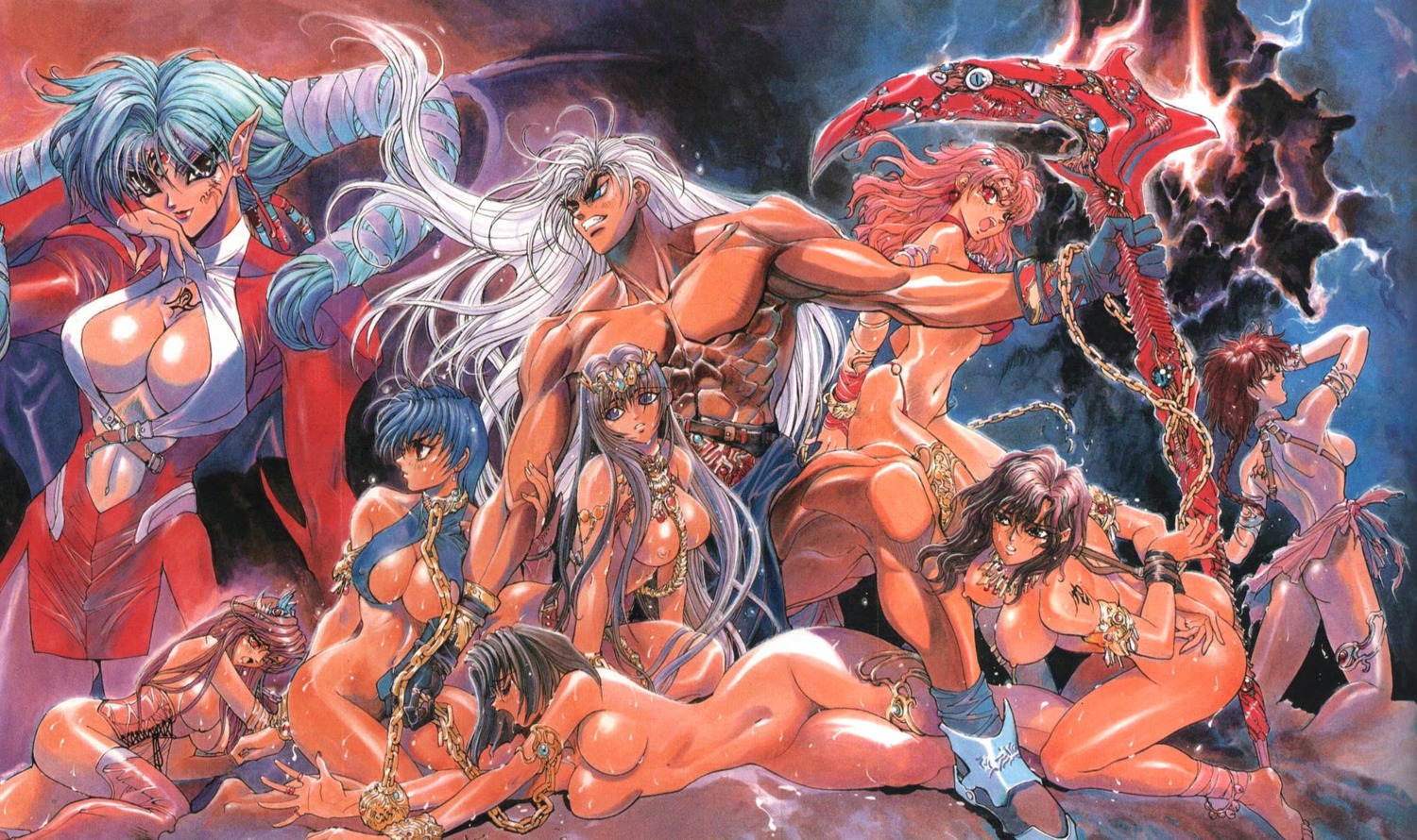 1boy 6+girls 8girls 90s arabian_clothes bastard!! biceps big_muscles bodybuilder breasts chains curvaceous dark_schneider demon demon_girl evil female group hagiwara_kazushi harem harem_outfit highres human humanoid hunk ichael_monroe large_breasts light-skinned_female light_skin long_hair male muscles nude official_art pointy_ears rule34 scythe serratus_anterior short_hair slave straight wide_hips