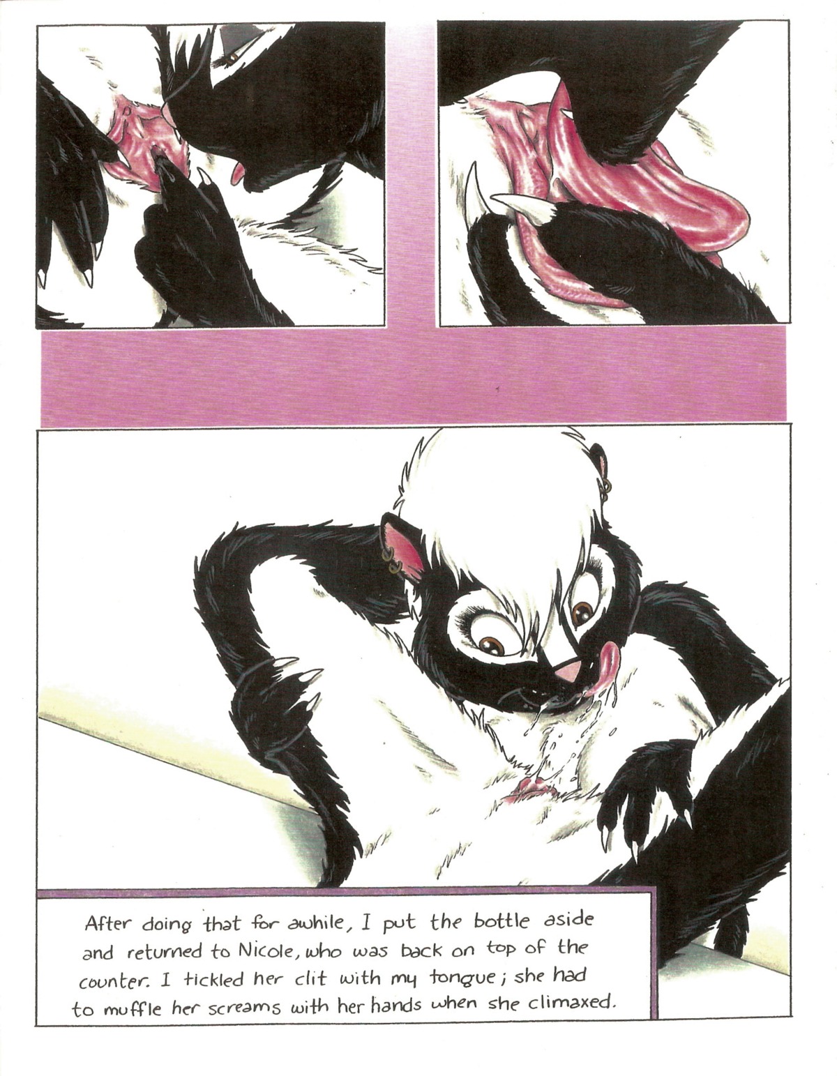absurd_res anthro black_body black_fur bodily_fluids breasts brown_eyes claws clitoris close-up comic cunnilingus duo e621 ear_piercing english_text female female/female fingering fur genital_fluids genitals hair hi_res james_m_hardiman licking mammal mephitid messy nicole_(jmh) nude onyx_(jmh) open_mouth oral piercing sex skunk text tongue tongue_out vaginal vaginal_fluids vulva white_body white_fur white_hair