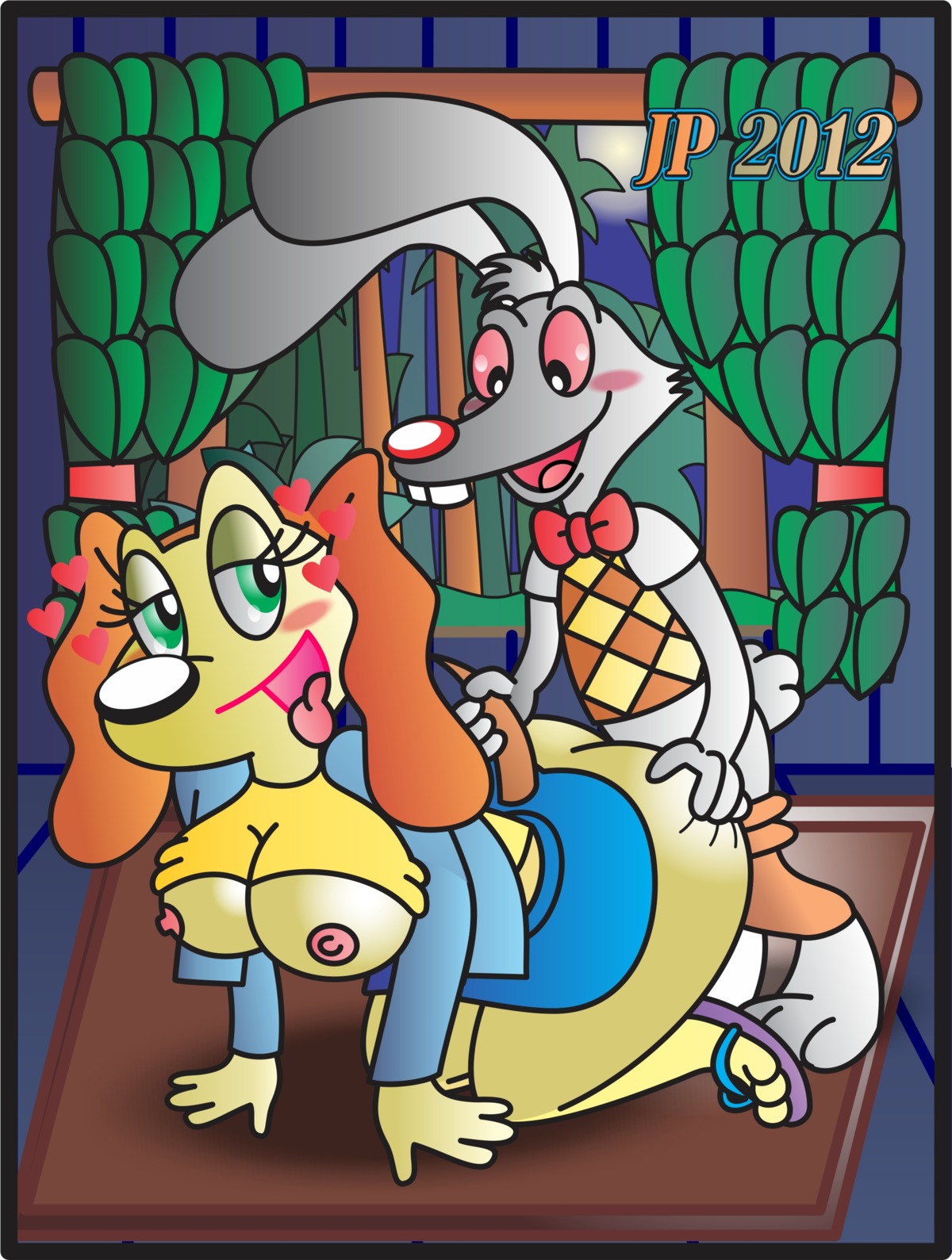 absurd_res all_fours anthro big_breasts bodily_fluids brandy_and_mr._whiskers breasts canid canine canis cum disney doggystyle domestic_dog duo e621 female from_behind_position genital_fluids hi_res jaimeprecoz lagomorph leporid male male/female mammal mr._frisky nipples rabbit sandy_carrington sex thick_thighs wide_hips