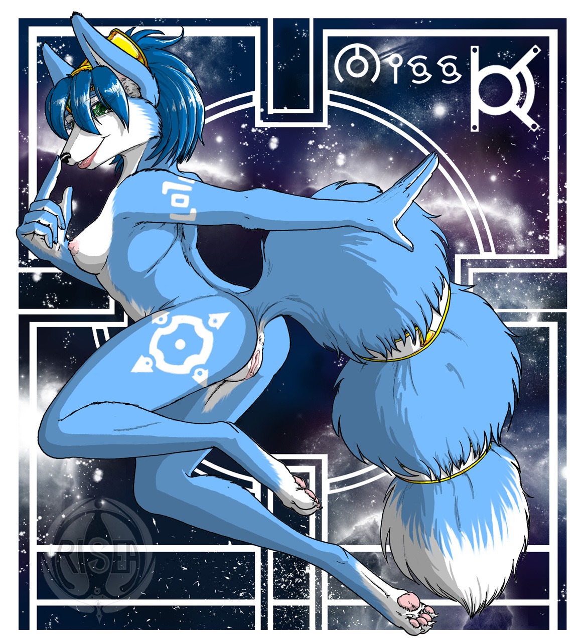 amiral_aesir anthro blue_body blue_fur blue_hair breasts canid canine e621 female fluffy fluffy_tail fox fur genitals green_eyes hair hi_res krystal_(star_fox) looking_at_viewer mammal nintendo nipples nude solo star_fox tail vulva white_body white_fur