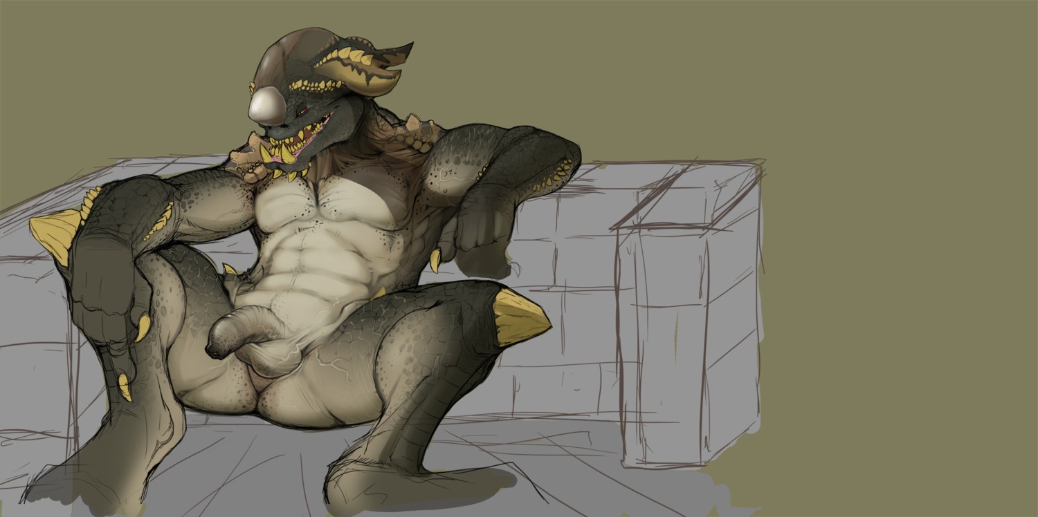 2012 abs anthro balls claws e621 fangs flaccid foreskin genitals grin guyver hi_res horn humanoid_genitalia humanoid_penis lisker_(guyver) long_foreskin lounging male muscular muscular_anthro muscular_male narse nude pecs penis pose scalie smile solo teeth unretracted_foreskin vein zoanoid