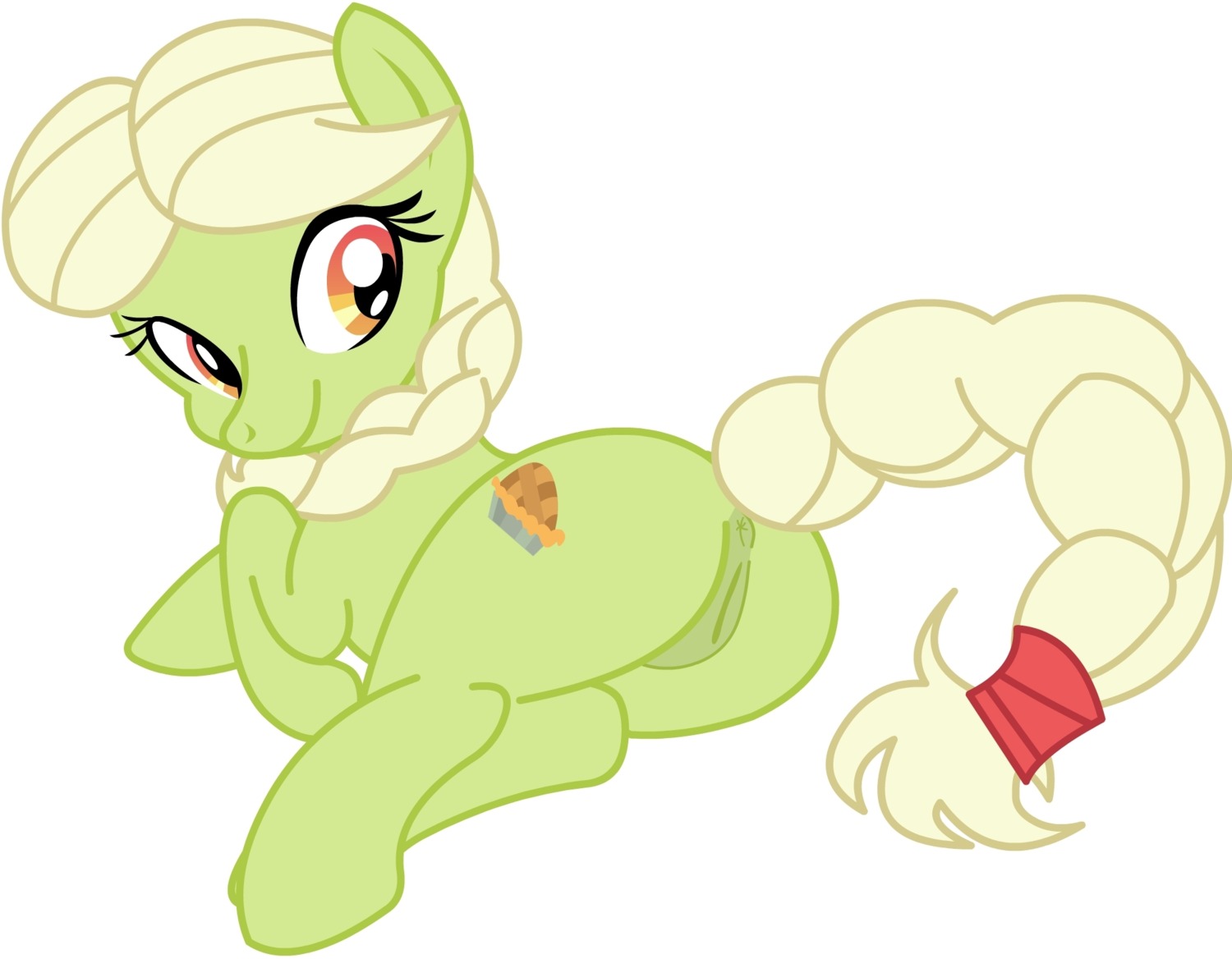 amber_eyes anus blonde_hair cutie_mark e621 earth_pony equid equine female feral friendship_is_magic fur genitals granny_smith_(mlp) green_body green_fur hair hasbro hi_res horse lying mammal my_little_pony pony simple_background smile solo tail vulva white_background zinnthos