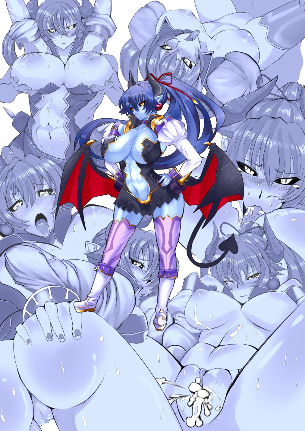 abs black_sclera blue_hair blue_skin blush boots breasts cleavage clothing cum cum_inside demon demon_girl demon_tail dress earrings fellatio female hair_ribbon highres horns huge_breasts jewelry koucha_maru large_breasts long_hair male oral penis pointy_ears ponytail pussy ribbon rule34 sex shinrabanshou solo stockings sweat tail thighhighs tied_hair tongue uncensored wings zettai_ryouiki