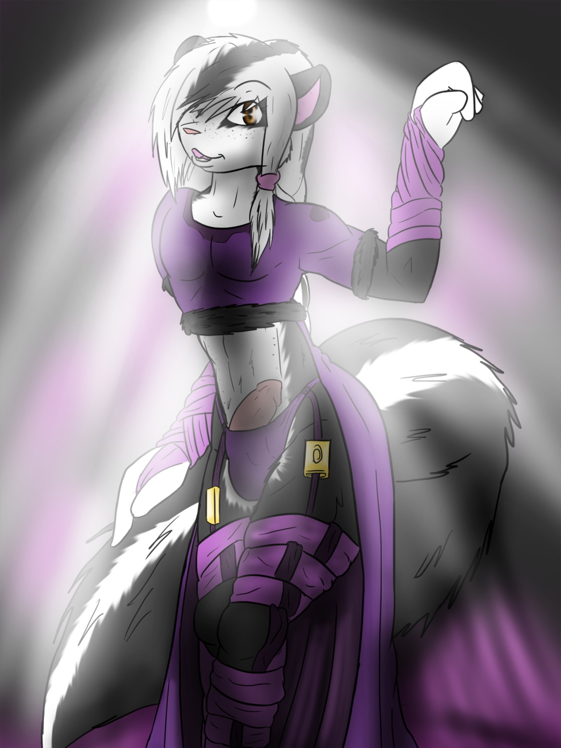 3:4 anthro clothed clothing crossdressing digital_media_(artwork) e621 erection femboy fingerless_gloves genitals gloves handwear hi_res legwear makarimorph male mammal mephitid panties penis purple_clothing purple_thong purple_underwear scynt skunk solo stockings tail thong underwear