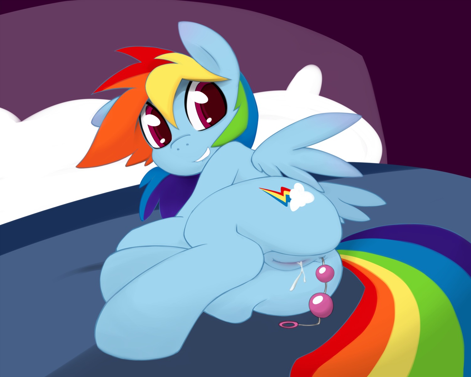 2012 5:4 anal anal_beads anal_masturbation anal_penetration anus bed blue_body blue_feathers blue_fur bodily_fluids butt cum cum_in_vagina cum_inside cutie_mark e621 equid equine feathered_wings feathers female feral friendship_is_magic fur furniture genital_fluids genitals grumblepluck hair hasbro hi_res looking_at_viewer looking_back lying mammal masturbation multicolored_hair multicolored_tail my_little_pony mythological_creature mythological_equine mythology nude on_side pegasus penetration pillow purple_eyes rainbow_dash_(mlp) rainbow_hair rainbow_tail sex_toy smile solo tail toying_self vaginal_fluids vulva wing_boner wings