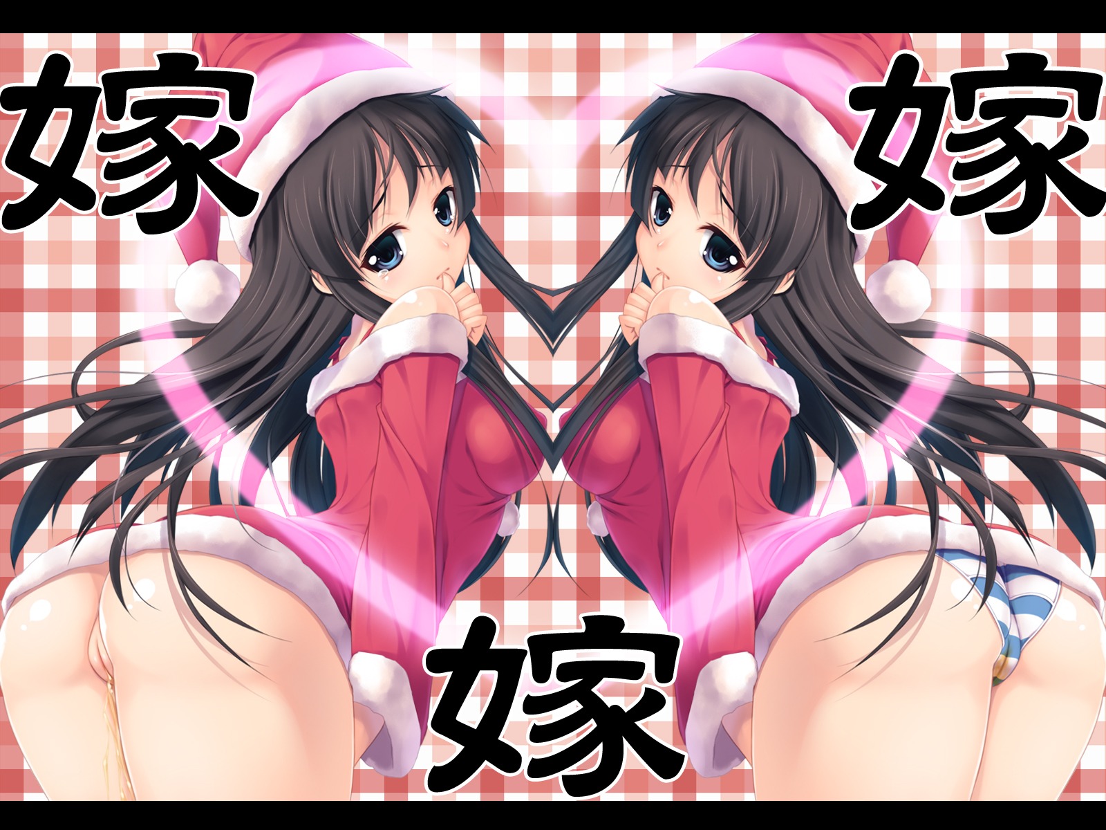 2girls ass bare_shoulders bent_over black_hair blue_eyes christmas dual_persona female female_only fujirin hat heart highres human k-on! long_hair looking_back mio_akiyama_(k-on!) no_panties panties peeing peeing_self peeing_together plaid_background pussy pussy_juice rule34 santa_costume santa_hat solo striped striped_panties tears uncensored underwear wetting