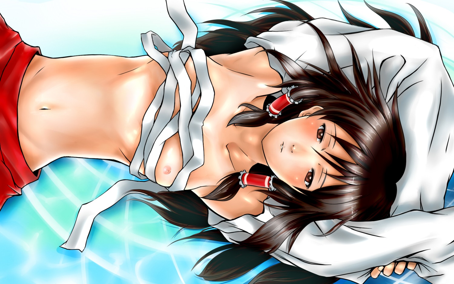blush copycat_(dryfood) copycat_(homura) female female_only flat_chest highres human nipples reimu_hakurei rule34 sarashi solo touhou wallpaper